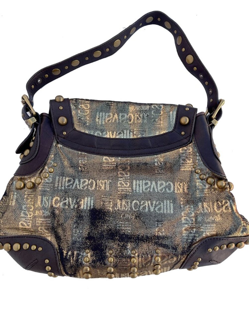 MINT CONDITION AUTHENTIC JUST CAVALLI GOLD BROCADE STUDS HOBO SHOULDER BAG - Picture 2 of 14